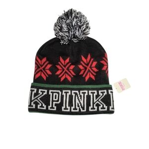 PINK Victoria's Secret Black Winter Holiday Cozy Pom Pom Beanie, OS, NWT
